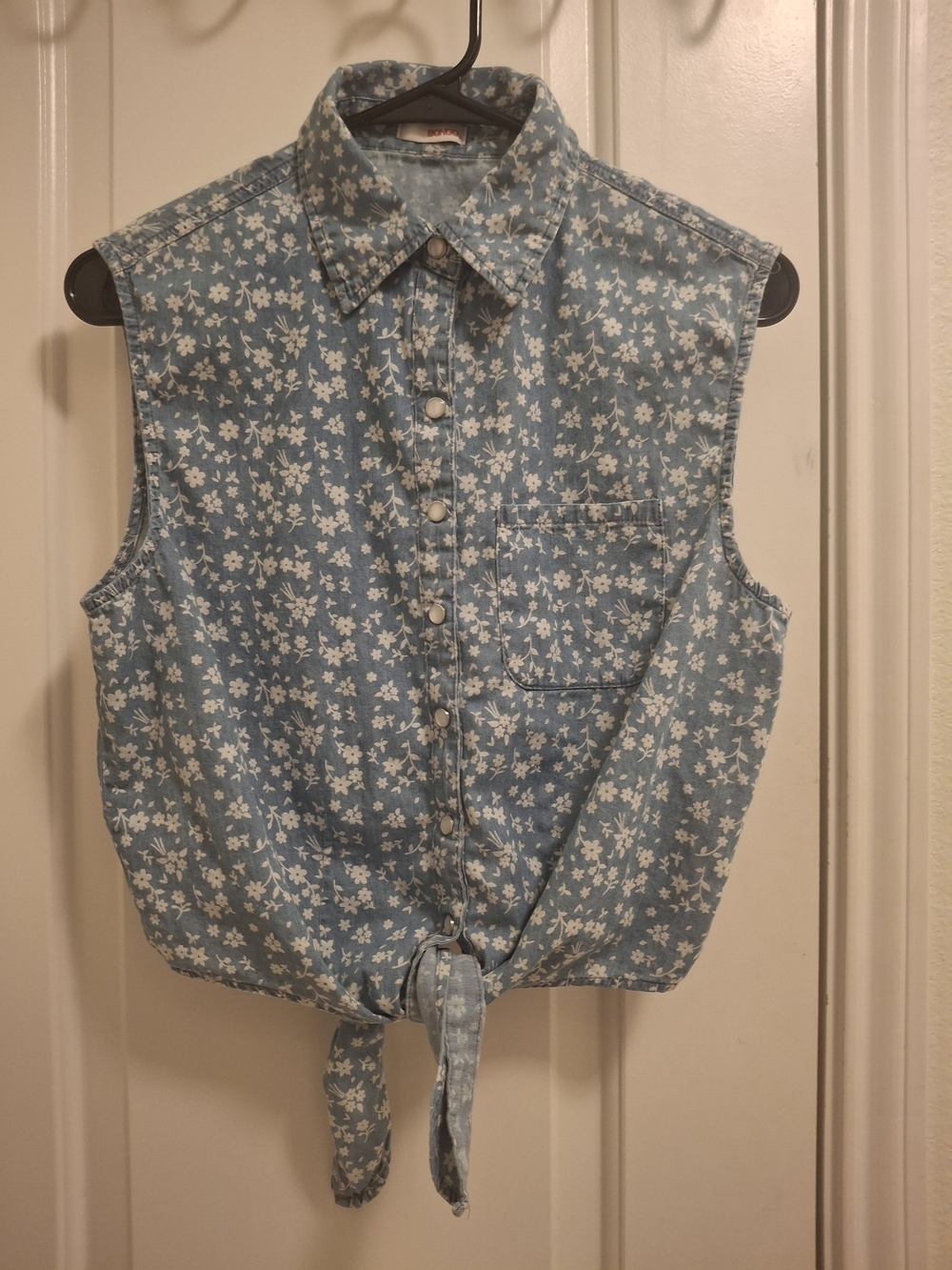 BONGO Light Blue Floral Denim Tie-Front Button Down